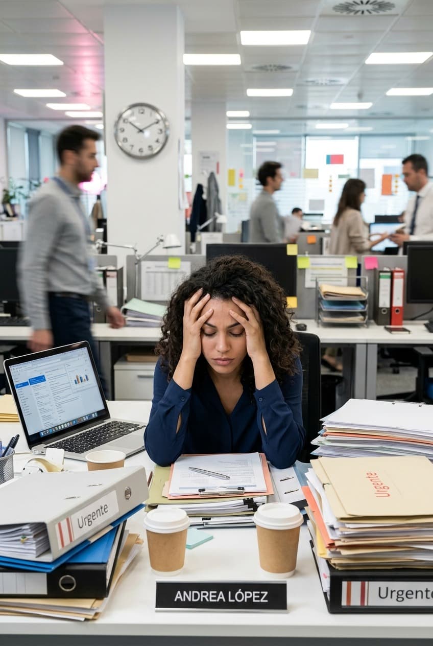 Mujer agotada por el estrés laboral en su escritorio de oficina