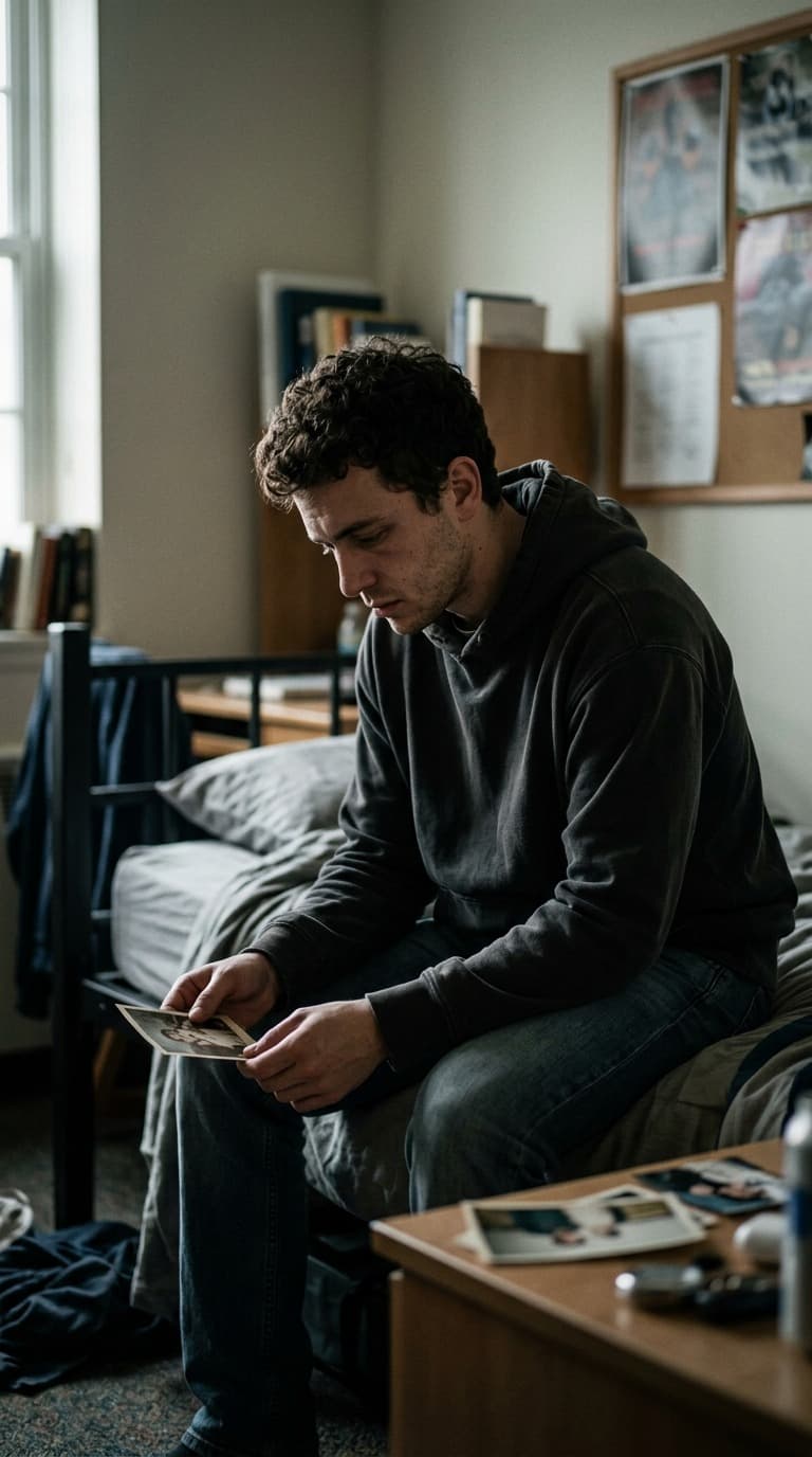 Hombre joven mirando la foto de un ser querido que ya no está