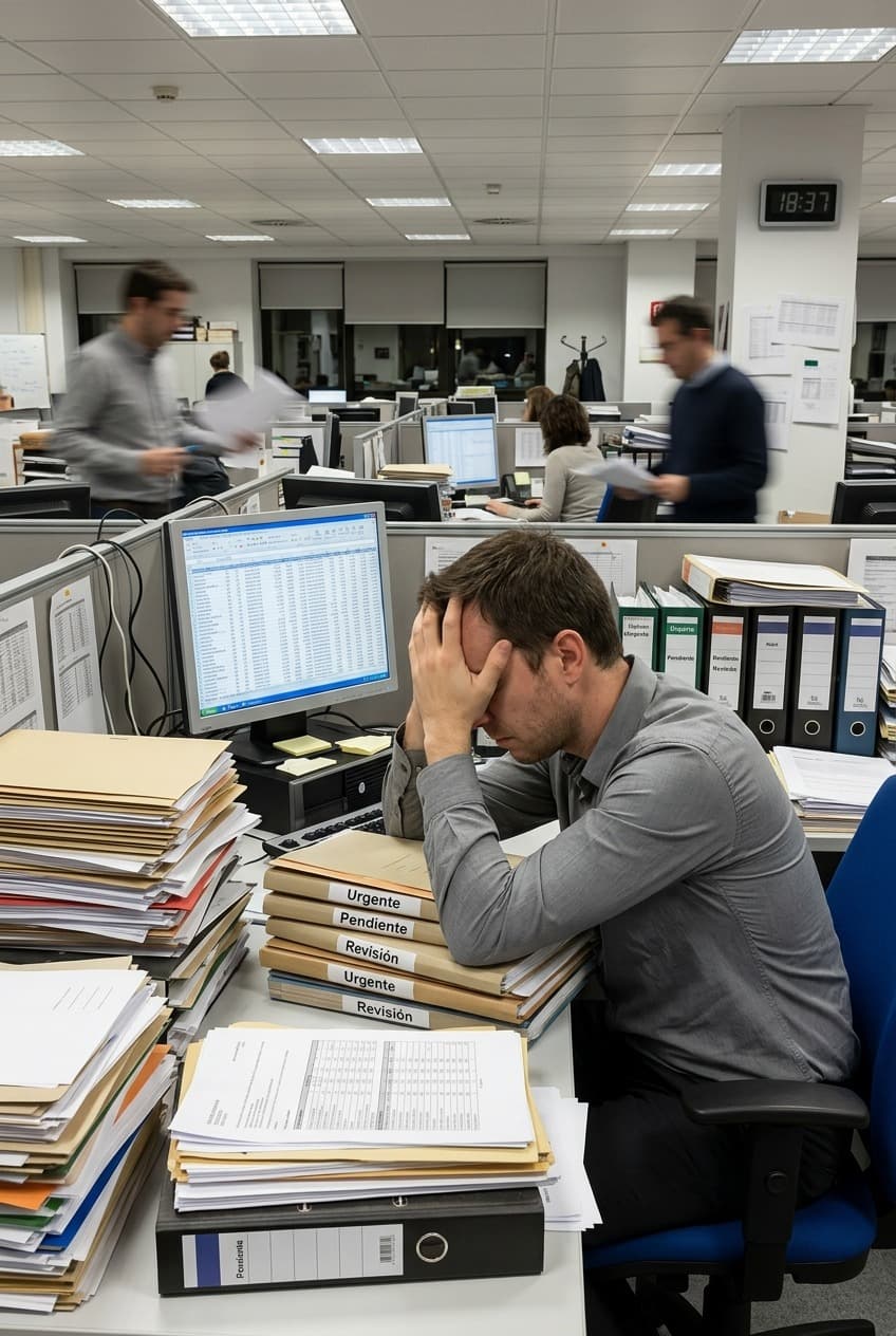 Hombre estresado frente a pilas de documentos urgentes en la oficina